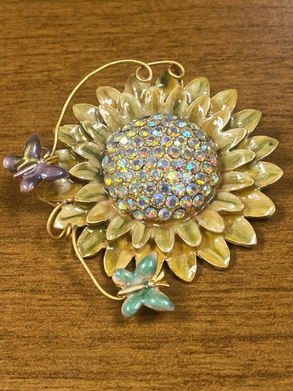 Sunflower Brooch AB Rhinestones Enamel Butterflies Gold Tone Large